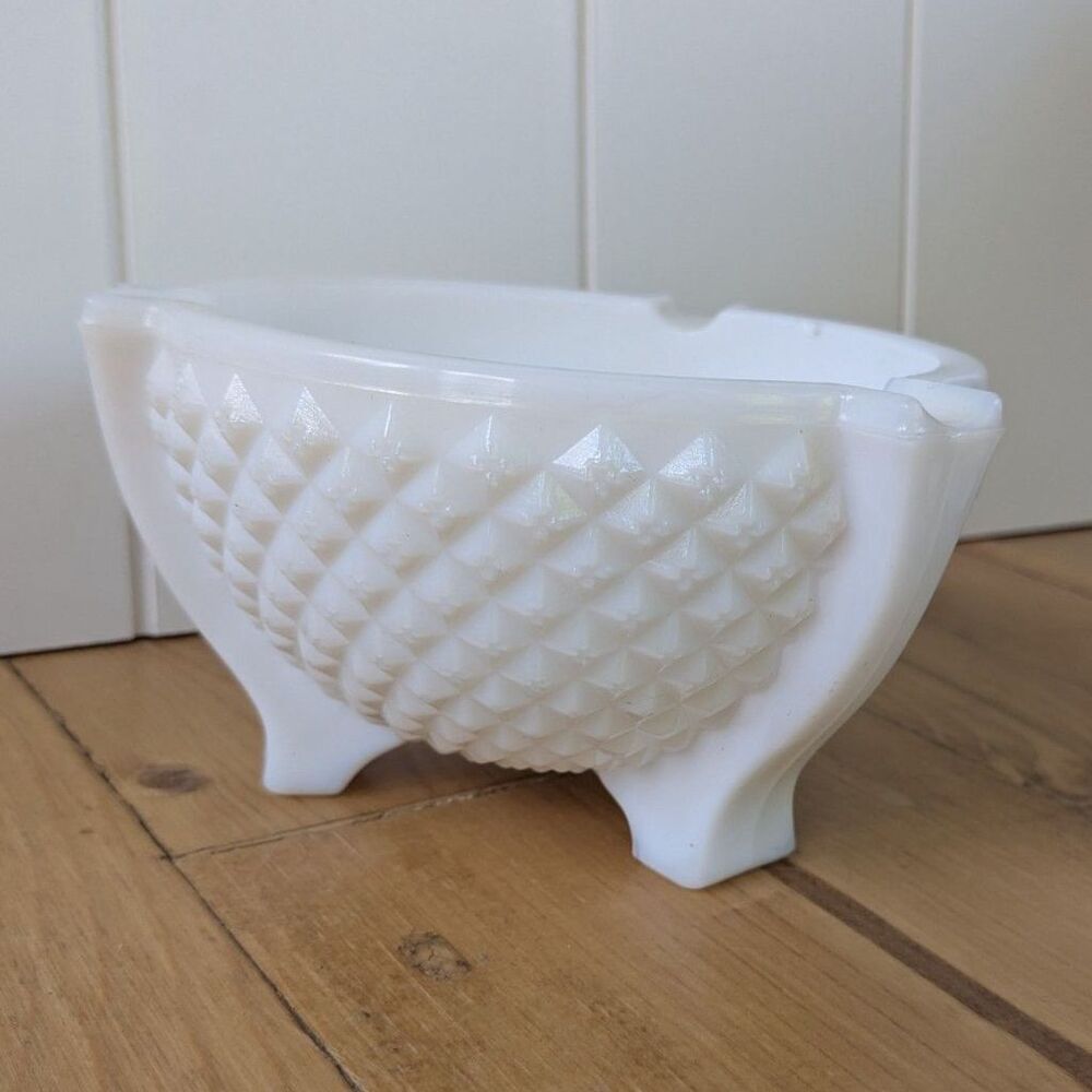 Vintage Milk Glass Ashtray, Bowl - Diamond Point, 3 footed - White